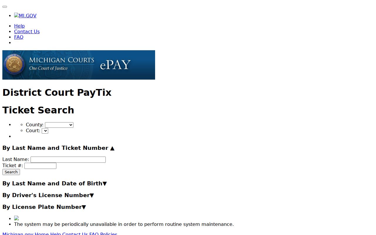 Houghton County traffic warrant records ticket search modes on the Michigan District Court PayTix page