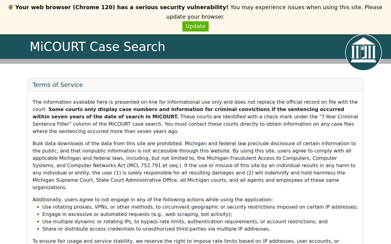 Houghton County warrant records case history search landing page on Michigan MiCOURT