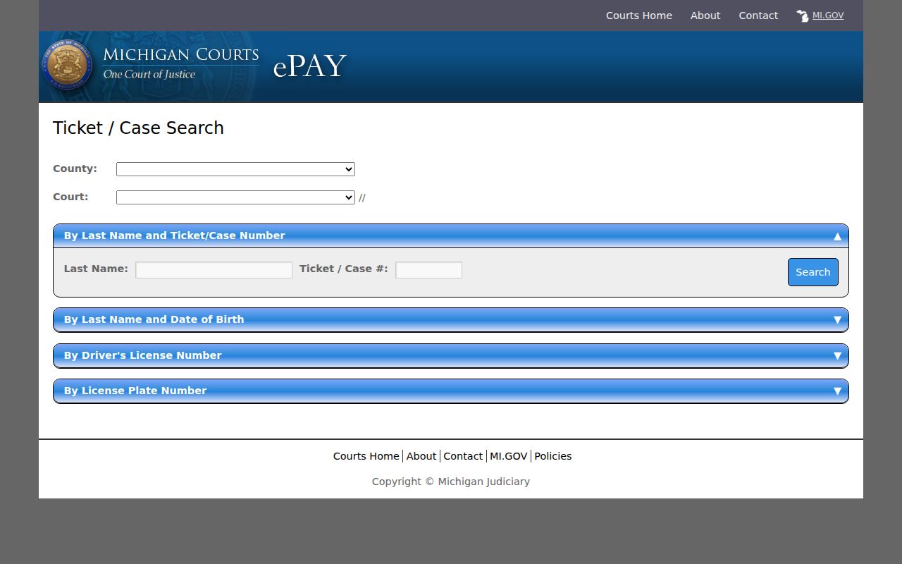 Houghton County warrant records ticket and case search form with search mode controls