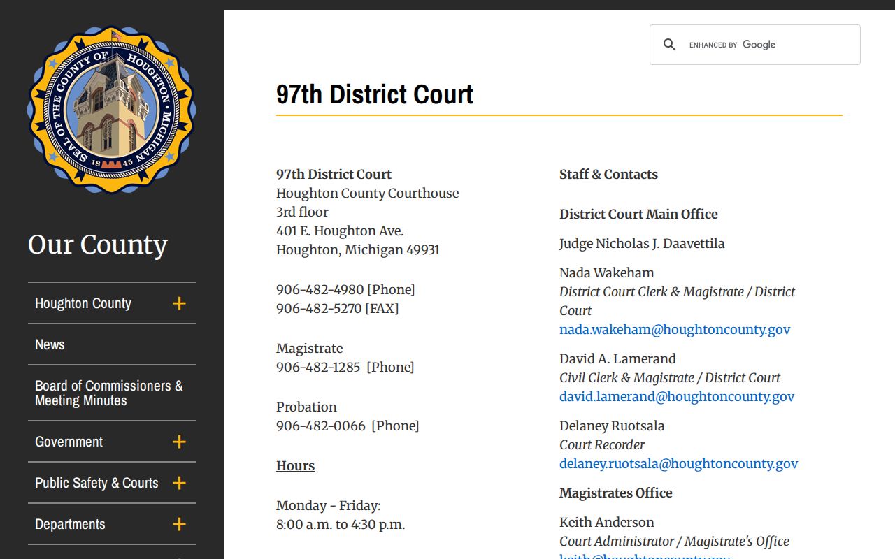 Houghton County traffic warrant records counter at the 97th District Court in the county courthouse