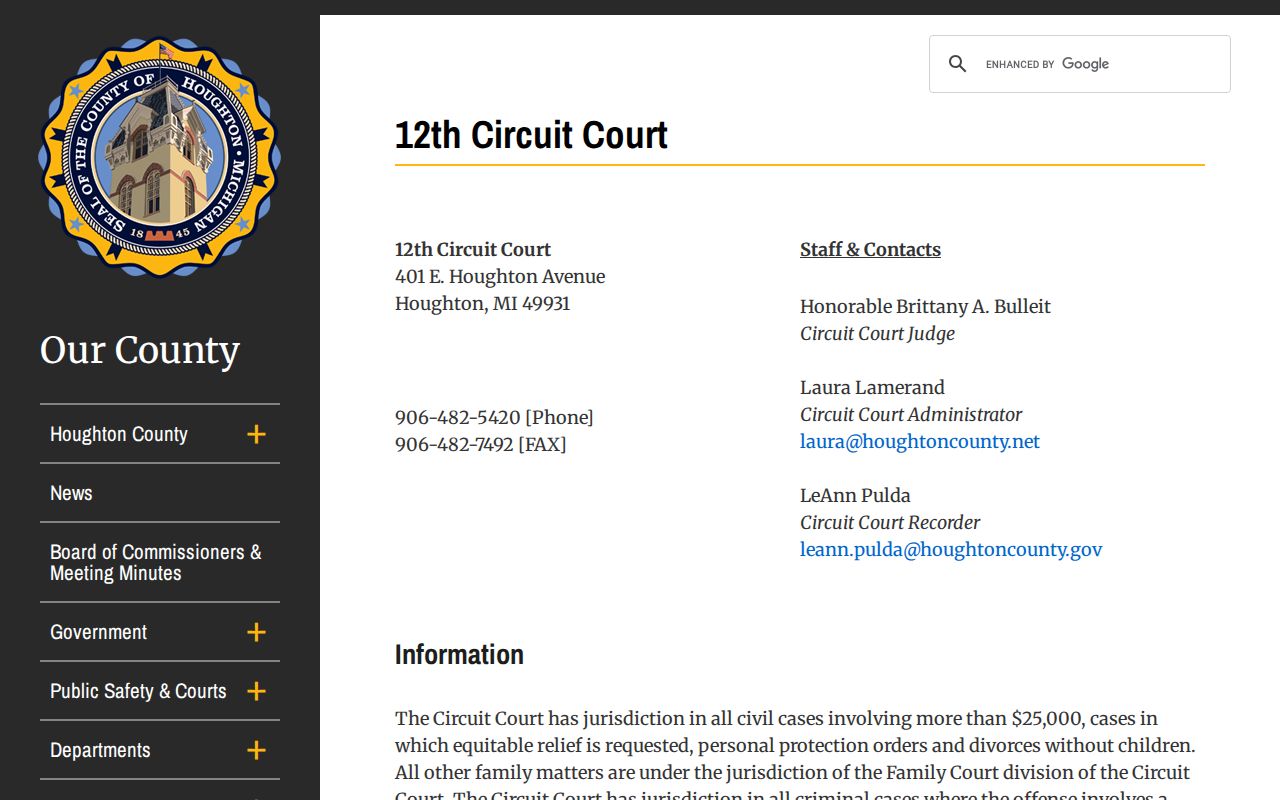 Houghton County bench warrant records information for the 12th Circuit Court