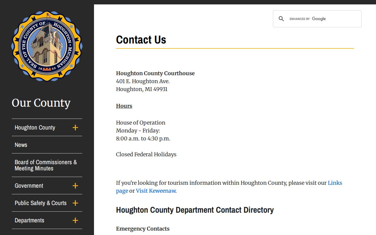 Houghton County bench warrant records contact directory for the county courthouse offices