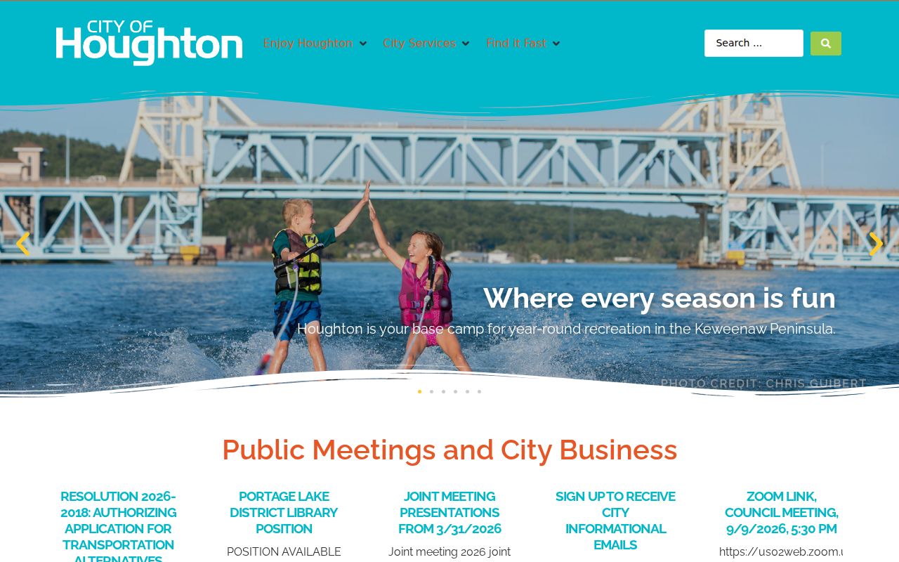 Houghton warrant records city contact page with City Center address and civic service links