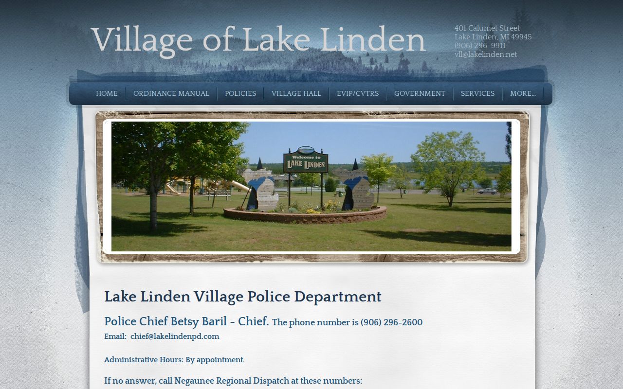 Lake Linden warrant records police page with office line, appointment note, and dispatch fallback