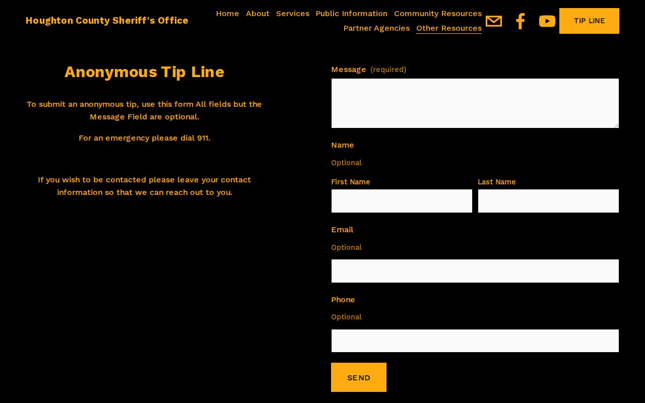 Houghton County most wanted tip line form with optional fields and emergency instruction