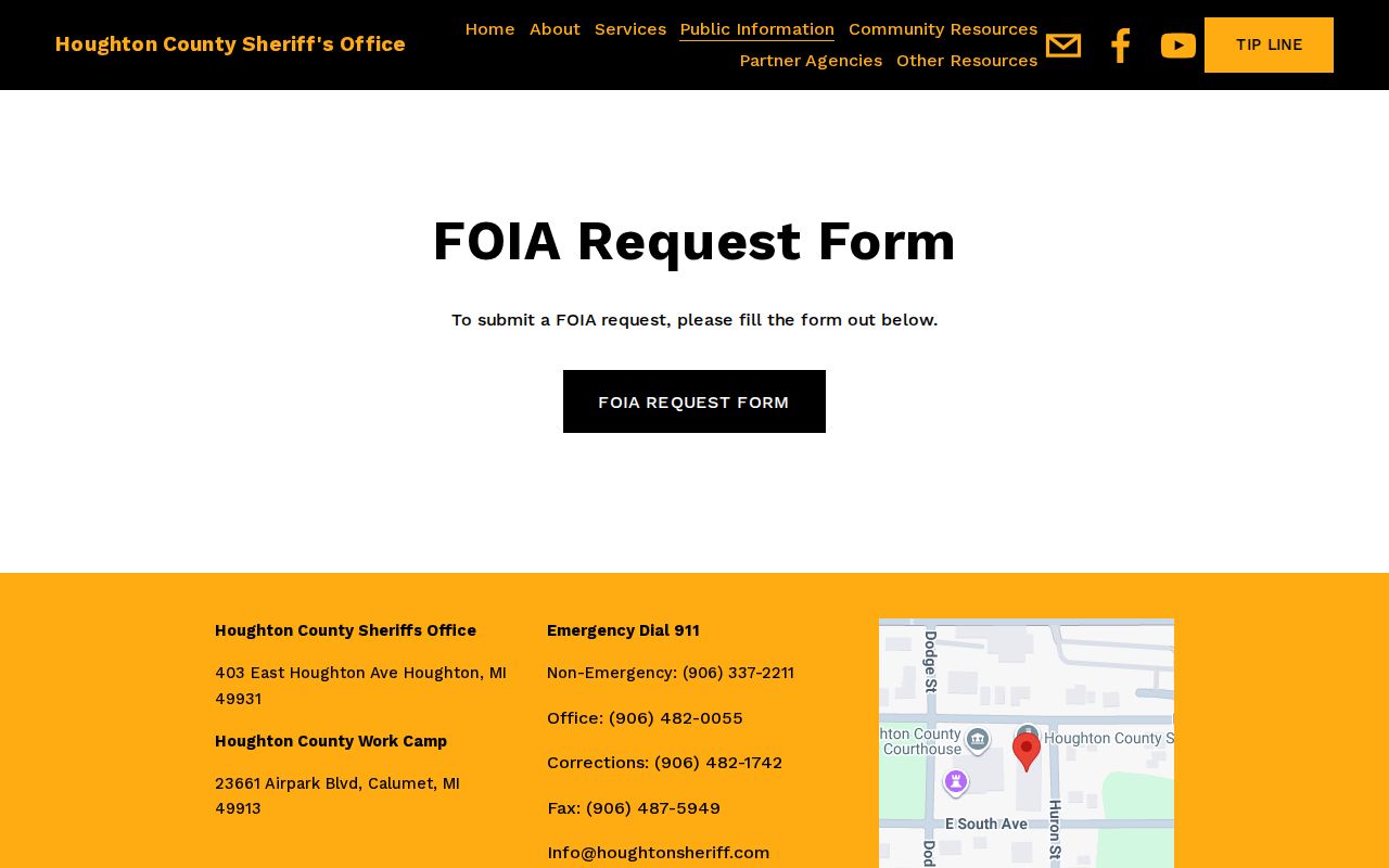 Houghton County warrant records FOIA request page on the Houghton County Sheriff website